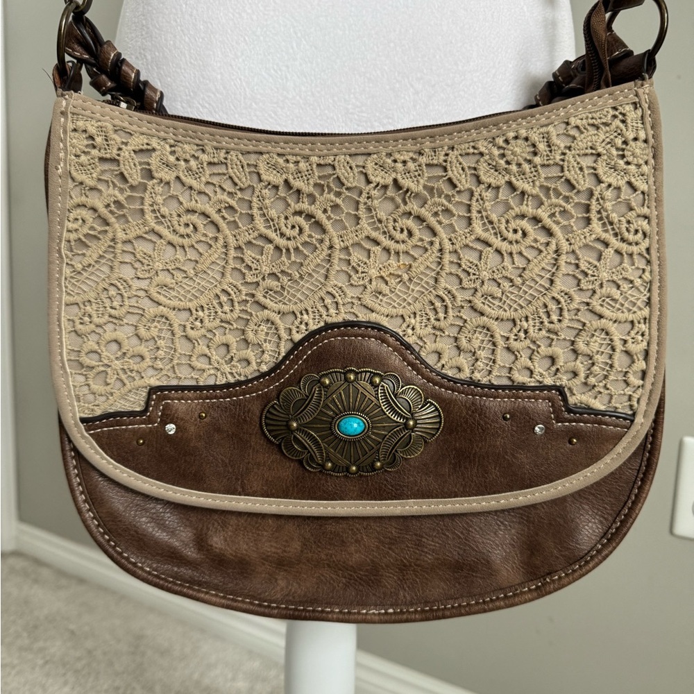 Justin Crossbody Brown and Cream Lace with Turquoise Stone